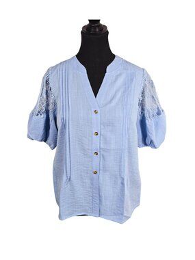 NWT | THEENKOLN Sky Blue Lace Puff Sleeve Pintuck Button Down Blouse | Small